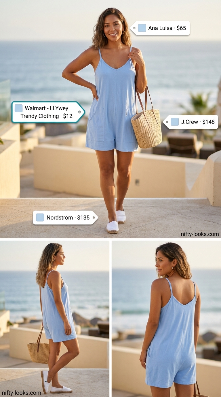 Pastel blue romper for summer beach vacation outfits for women 2026. Casual and light.
