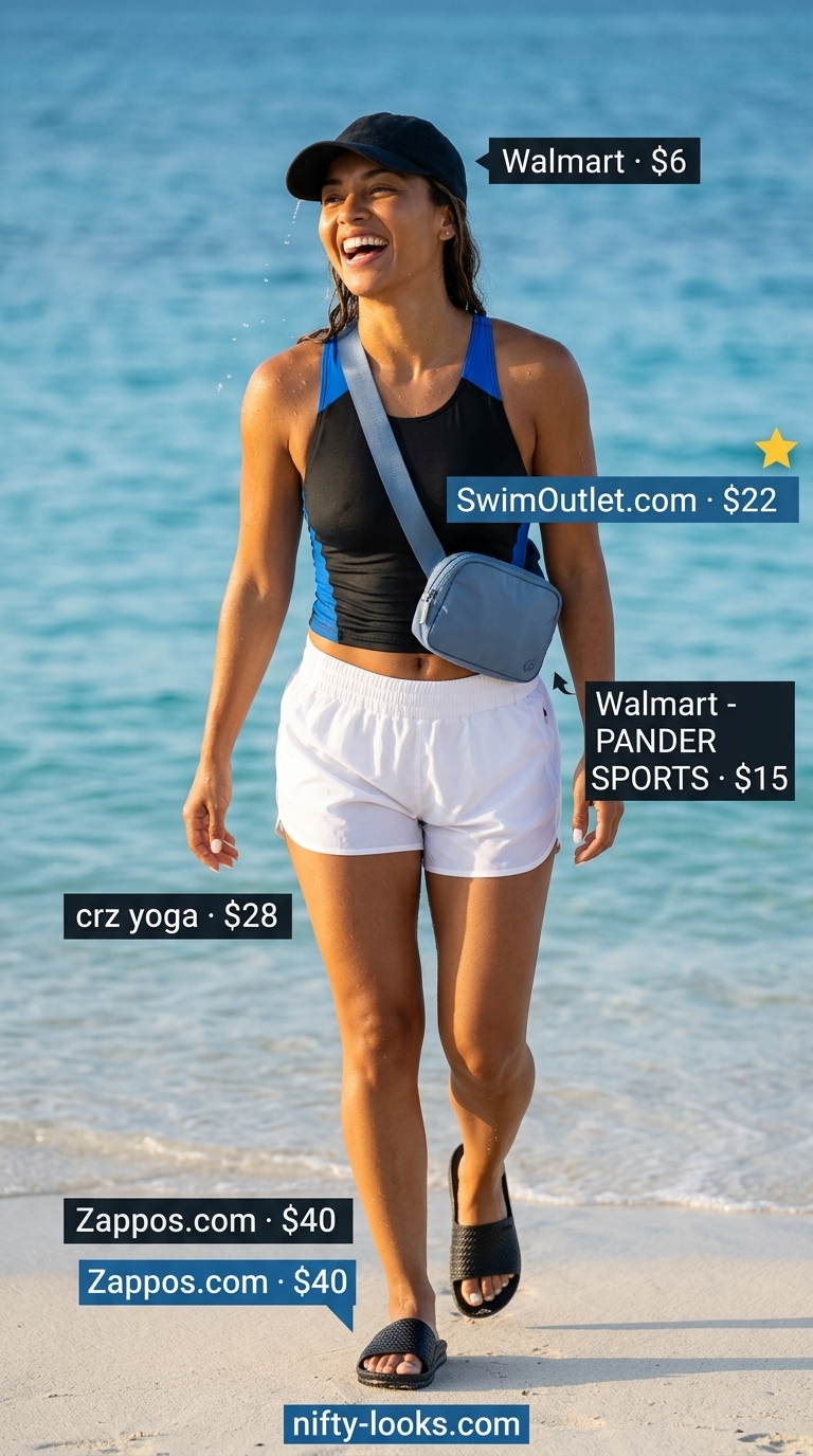 Sporty swimsuit and shorts for summer beach vacation outfits for women 2026. Active and casual.