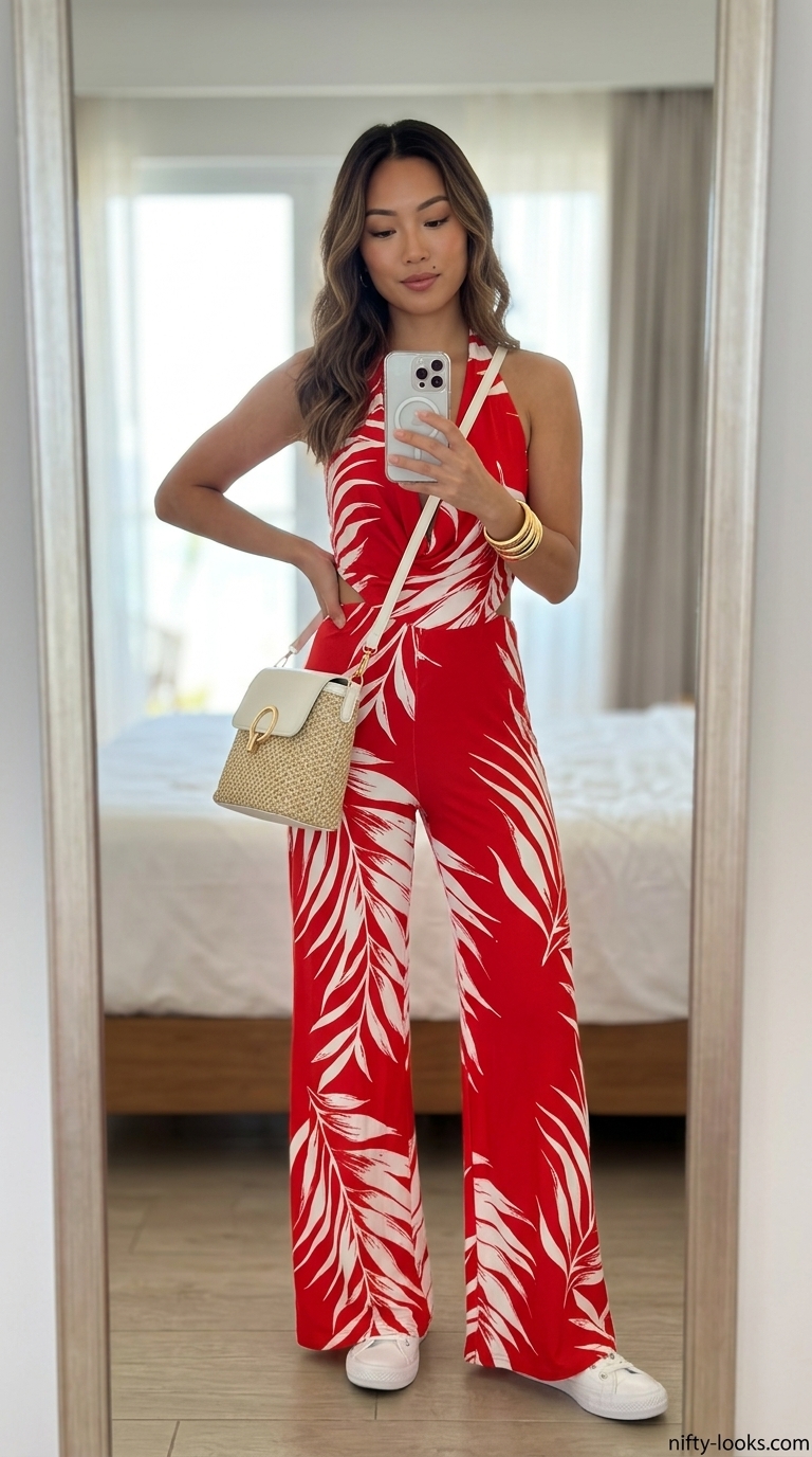 Tropical floral jumpsuit for summer beach vacation outfits for women 2026. Vibrant greens, pinks, yellows.