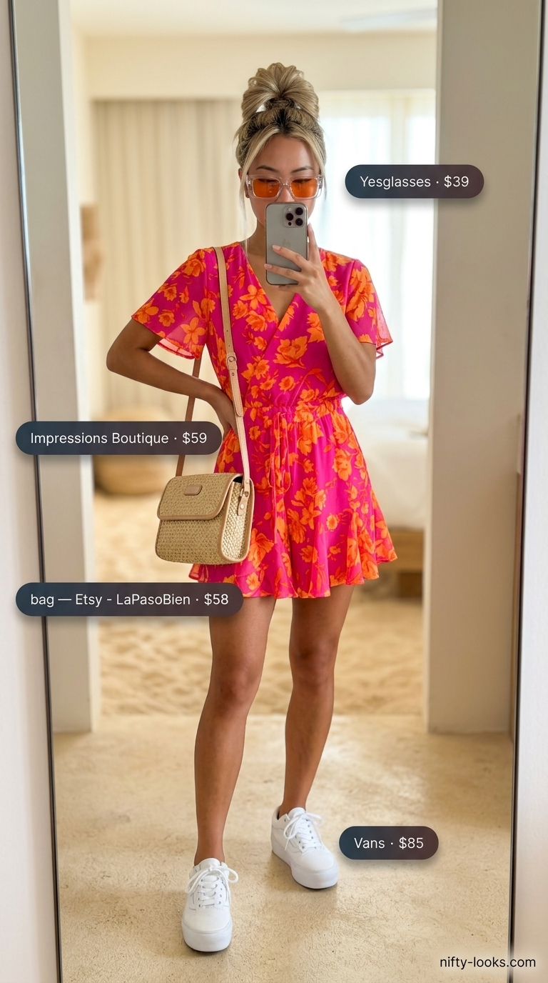 Hot pink and orange tropical romper for summer beach vacation outfits for women 2026. Playful and vibrant.
