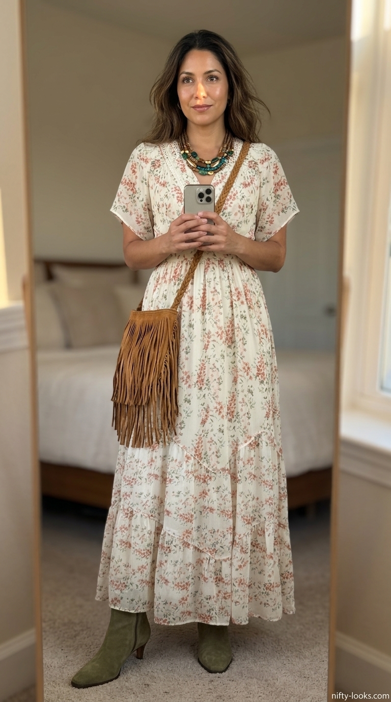 Boho Maxi Dress: Terracotta floral maxi dress with suede boots for summer Belted dress for women 2026.
