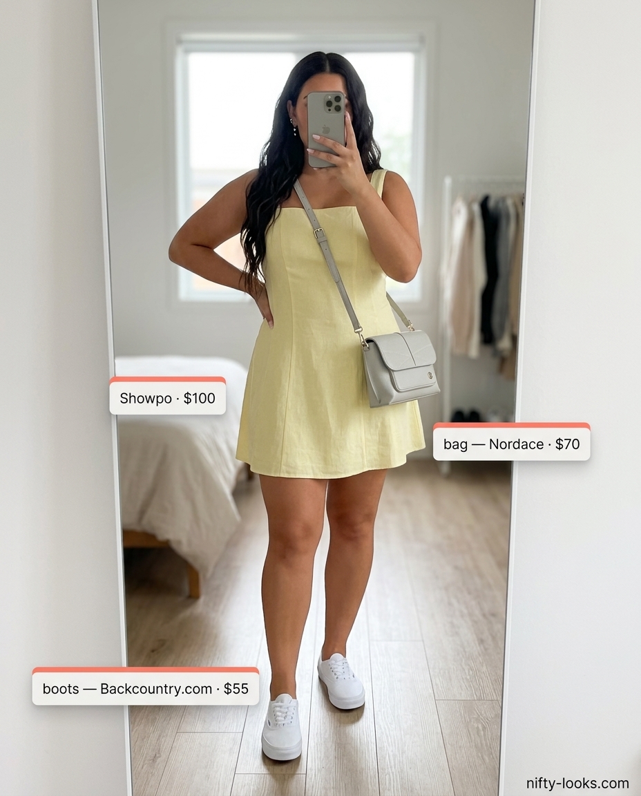 Weekend Brunch Vibes: Sunny yellow mini dress with white sneakers for summer Belted dress for women 2026.