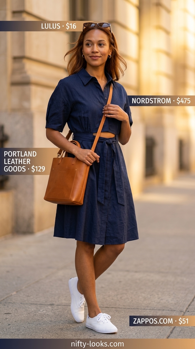 Chic city linen dress for women 2026. Navy blue belted midi dress with white sneakers and tan crossbody bag for daytime.