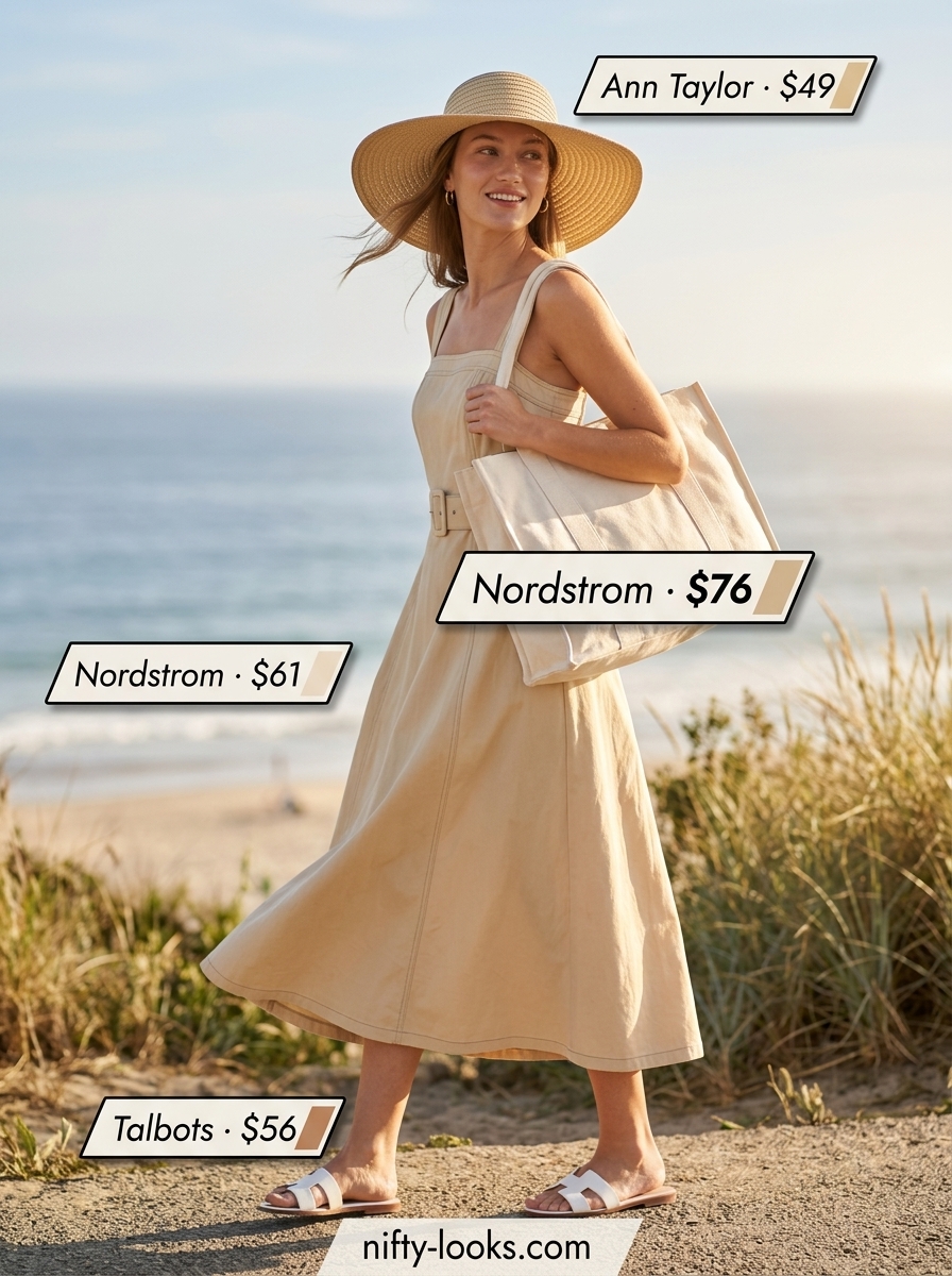 Coastal linen blend dress for women 2026, perfect for beach days and brunch. Soft beige midi dress with white slides and straw hat.