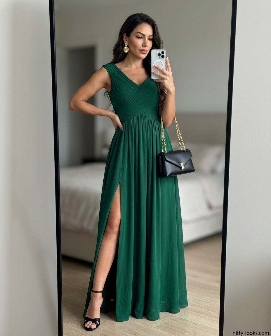 Elegant summer evening maxi dress for women 2026. Emerald green belted dress with gold earrings and black sandals for events.