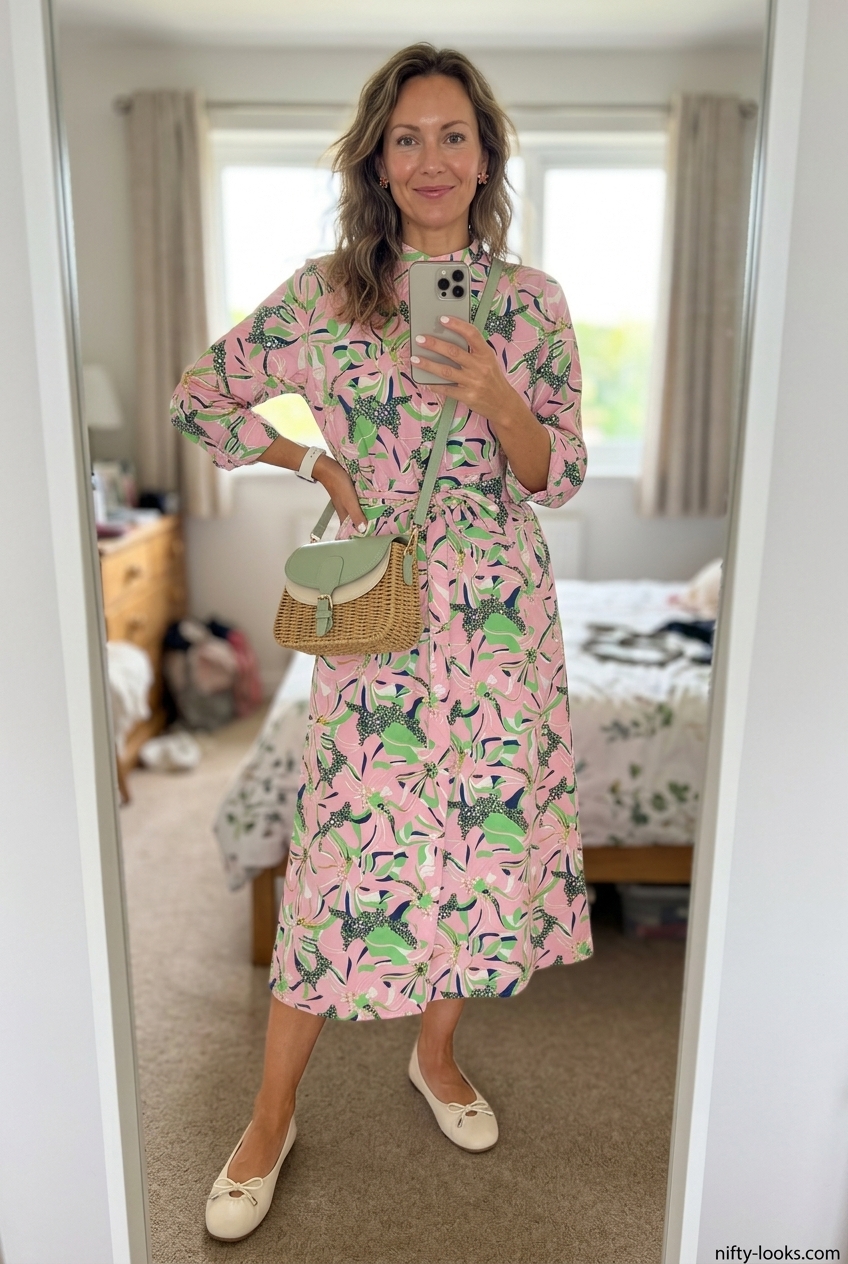 Garden party sundress for women 2026. Pastel pink floral belted midi dress with straw bag and ballet flats for brunch.