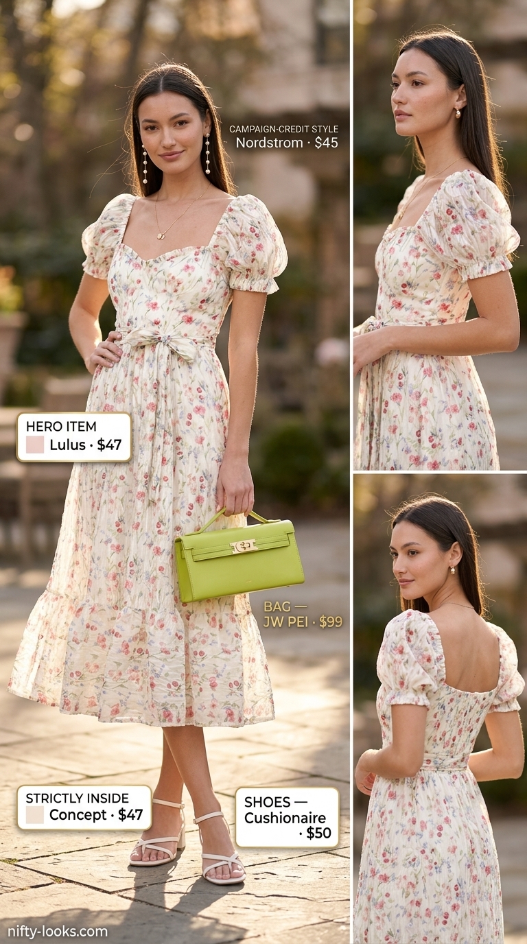 Summer Garden Party Dress: Pastel pink floral midi dress with block heels for summer Belted dress for women 2026.
