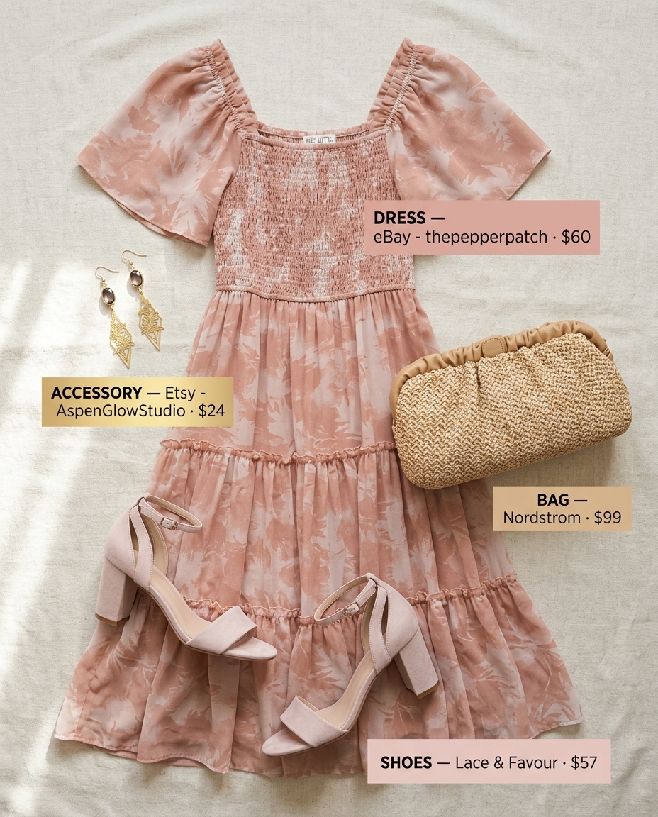 Garden Party Tiered Dress: Blush pink floral midi dress with raffia clutch for summer Belted dress for women 2026.