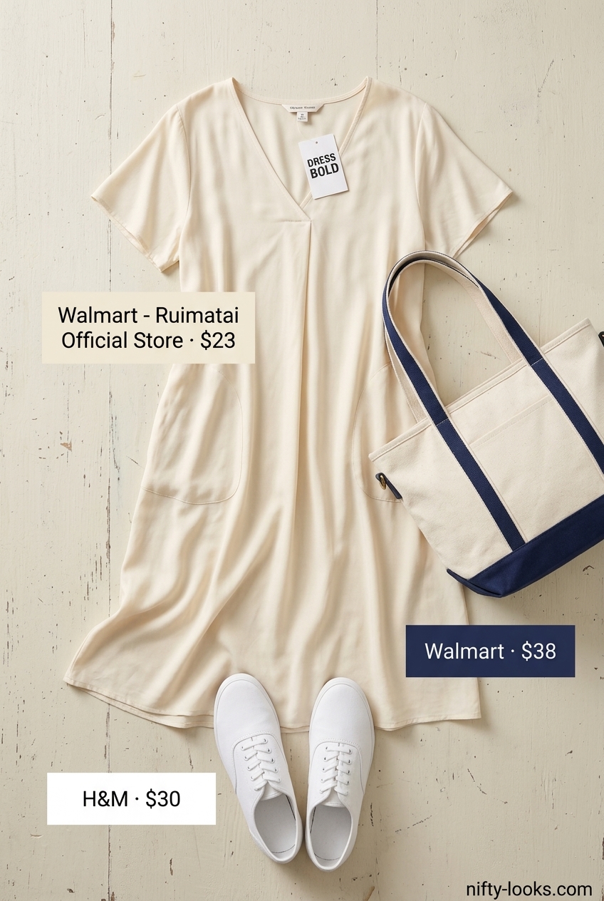 Weekend Getaway Midi Skirt: Cream dress with navy accents & white sneakers for summer Belted dress for women 2026.