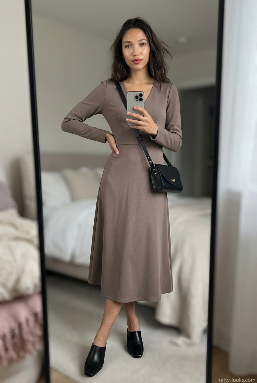 Modern minimalist dress for women 2026. Muted taupe belted midi dress with black mules and crossbody bag for chic daytime.