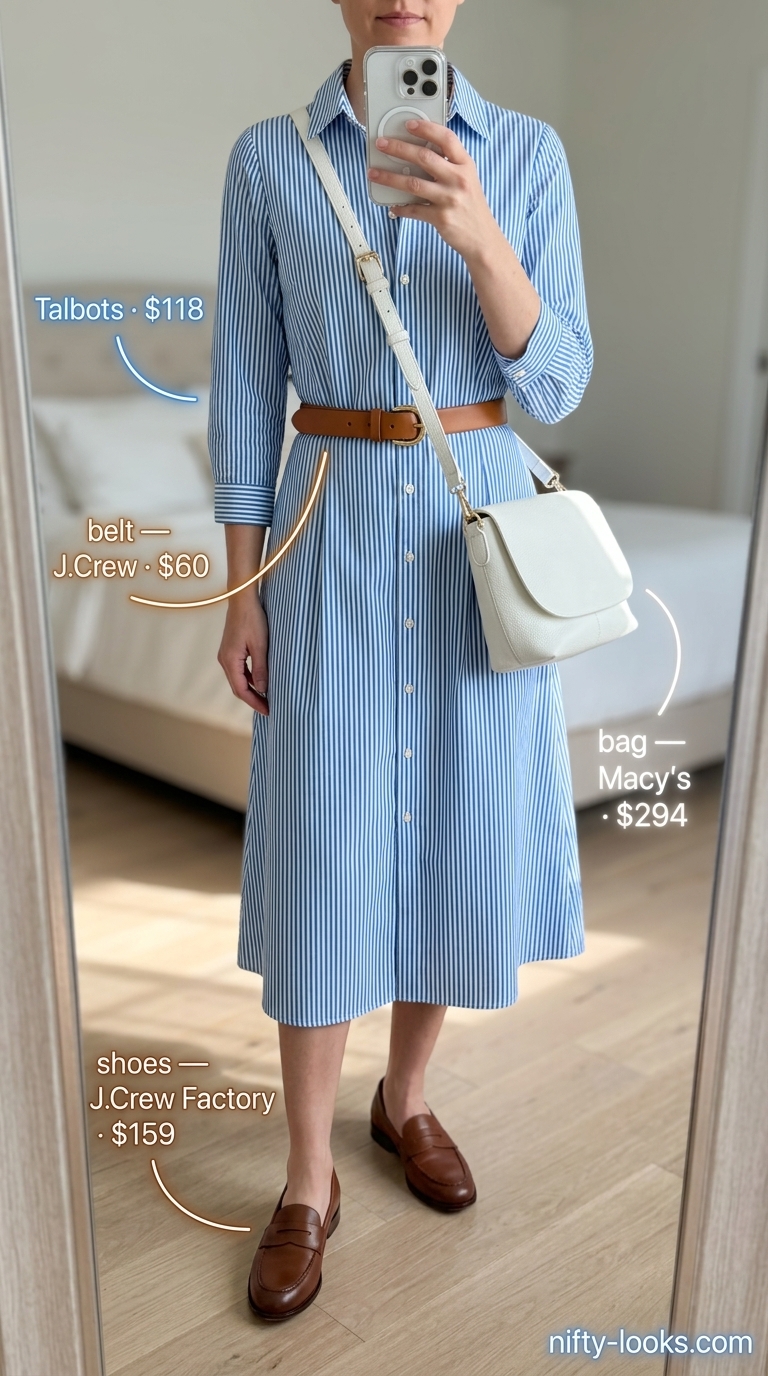 Sunny day shirt dress for women 2026. Blue stripe belted midi dress with tan loafers and crossbody bag for office or brunch.
