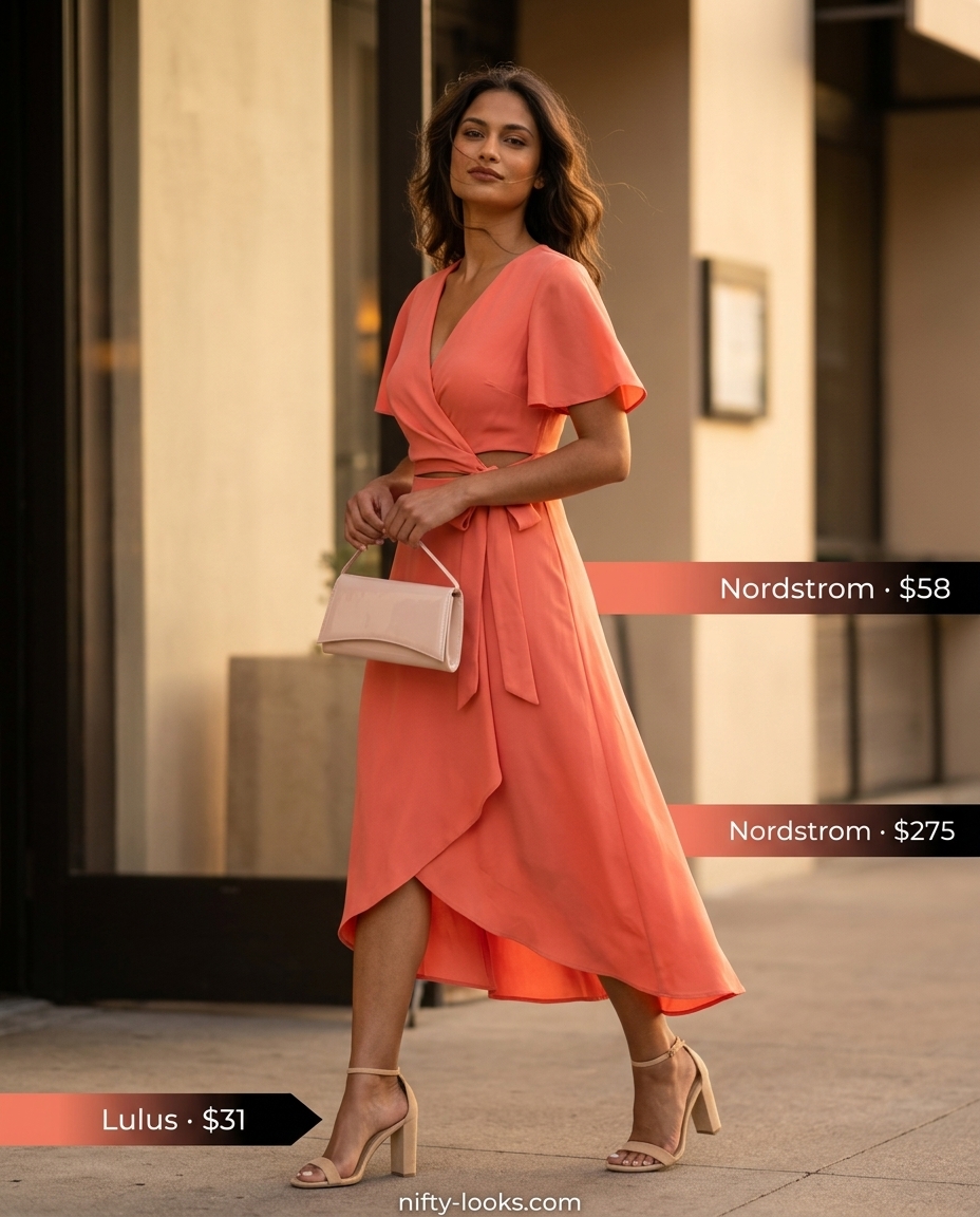 Sunset Glow wrap dress, a summer belted dress for women 2026, perfect for cocktail parties and date nights.