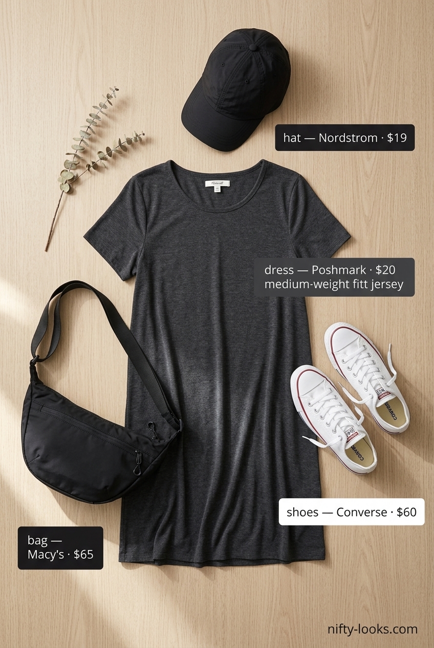 Casual day off t-shirt dress for women 2026. Charcoal grey midi dress with sneakers, crossbody bag, and baseball cap for errands.