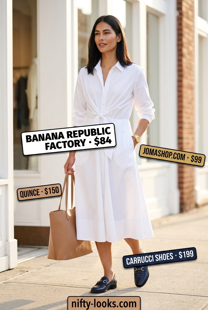 Urban shirt dress for women 2026. Classic white belted midi dress with navy loafers and tan tote for work or brunch.