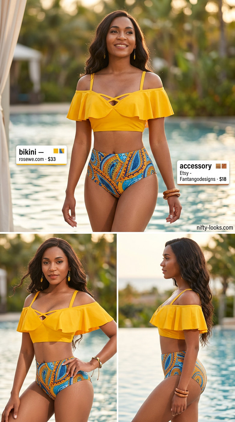 Bohemian summer bikini outfit for women 2026 in mustard yellow, cream, brown. Features paisley bikini, kimono, fringe sandals, and crossbody bag.