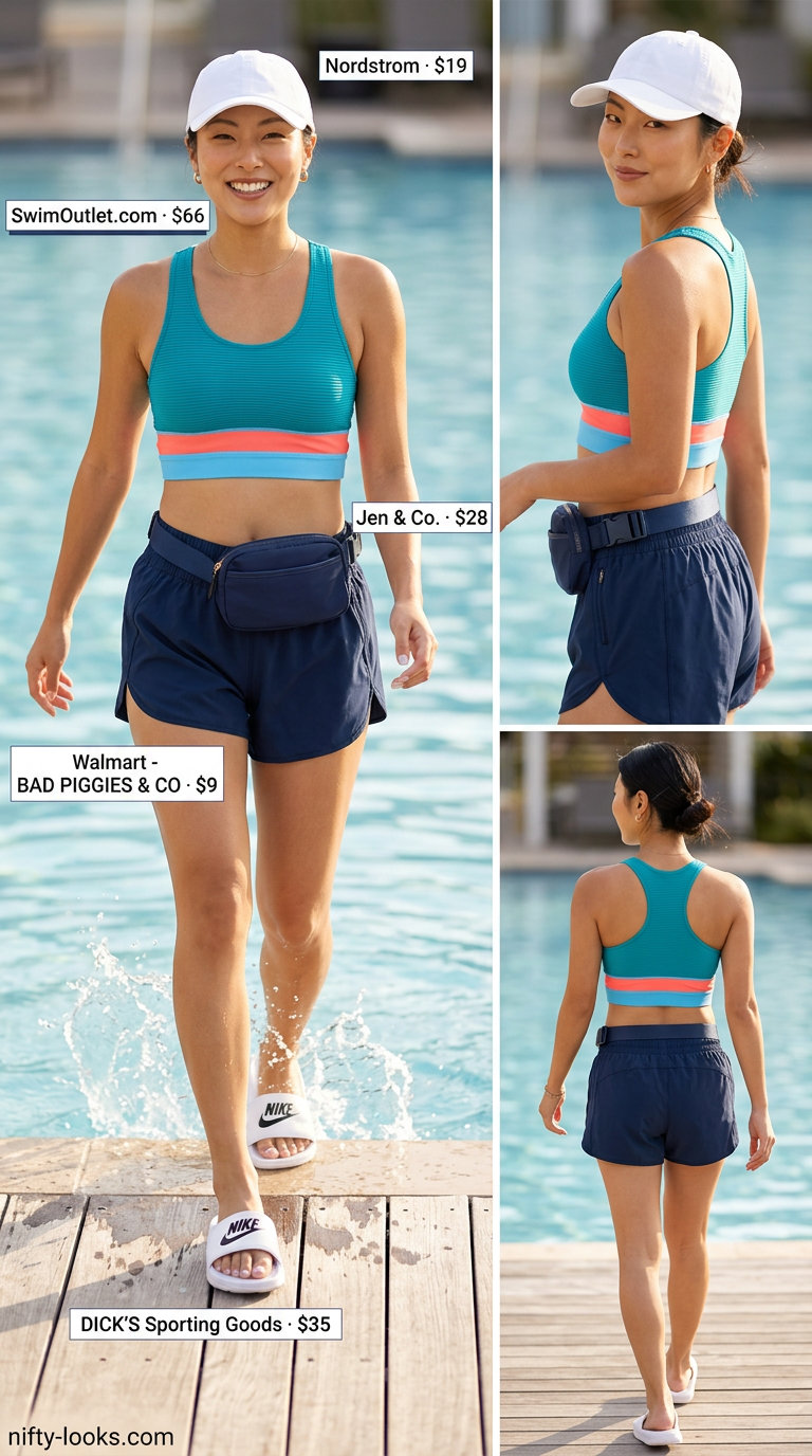 Sporty summer bikini outfit for women 2026 in navy, white, coral. Features color-block bikini, athletic shorts, slides, and fanny pack.