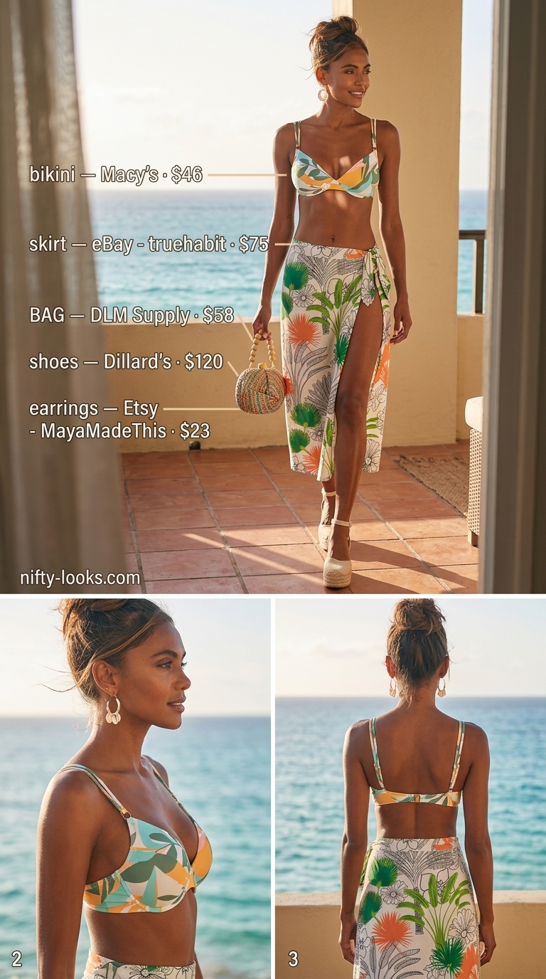 Tropical summer bikini outfit for women 2026 in green, yellow, white. Includes palm print bikini, sarong, espadrilles, and straw clutch.