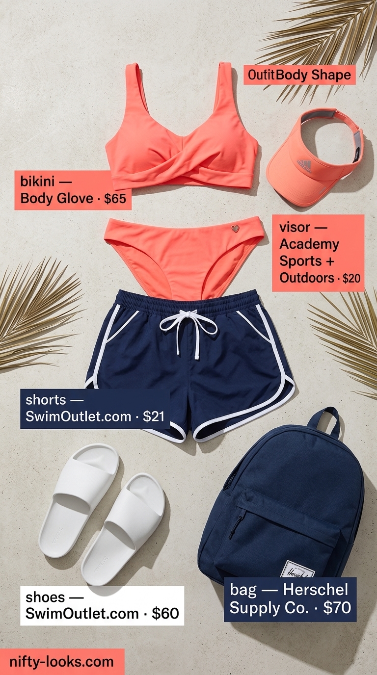 Active beach day summer bikini outfit for women 2026 with coral bikini, board shorts, and waterproof backpack.