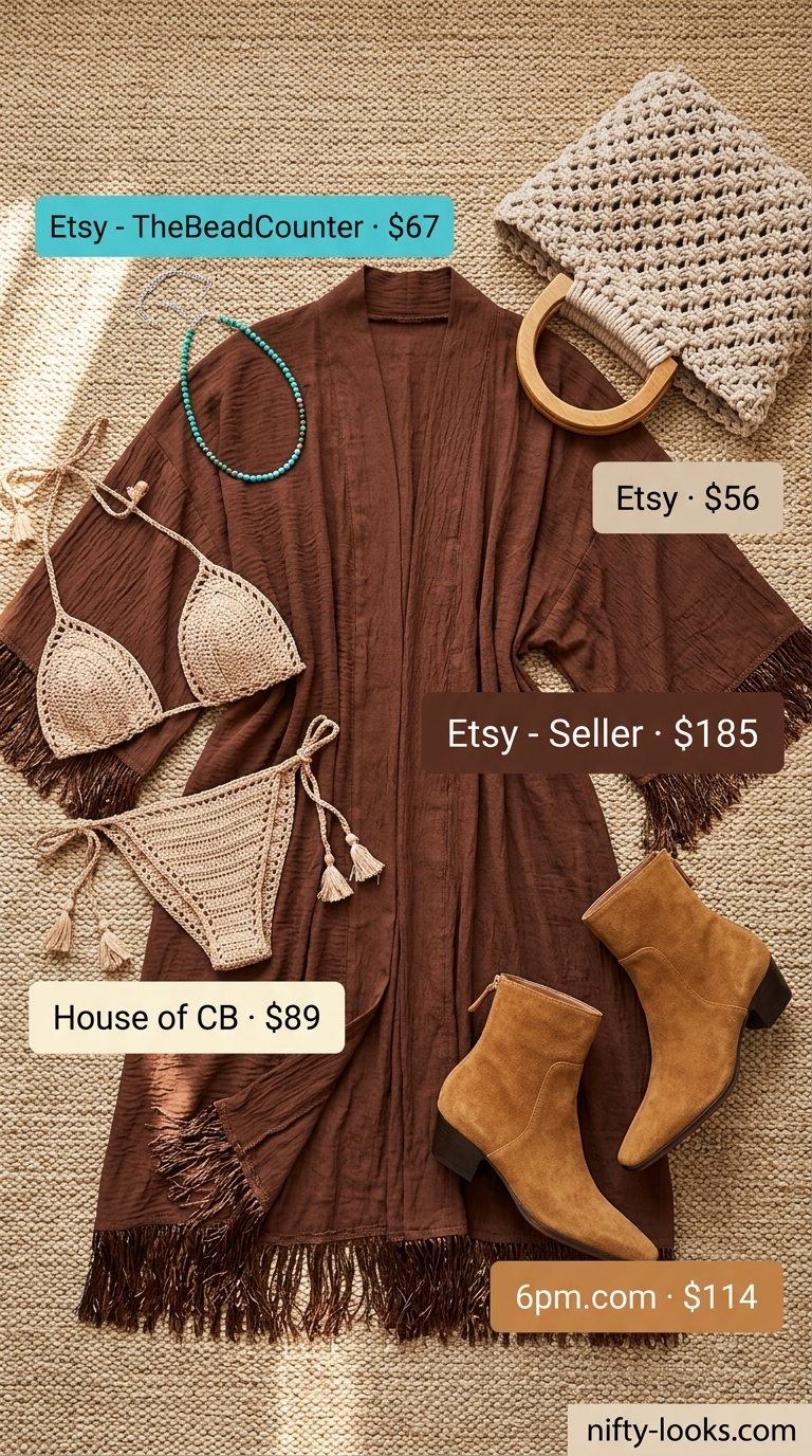 Bohemian rhapsody summer bikini outfit for women 2026 with crochet bikini, fringe kimono, and suede boots.