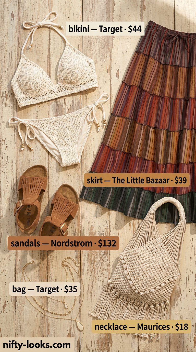 Boho beach goddess summer bikini outfit for women 2026 with crochet top, fringe maxi skirt, and macrame bag.