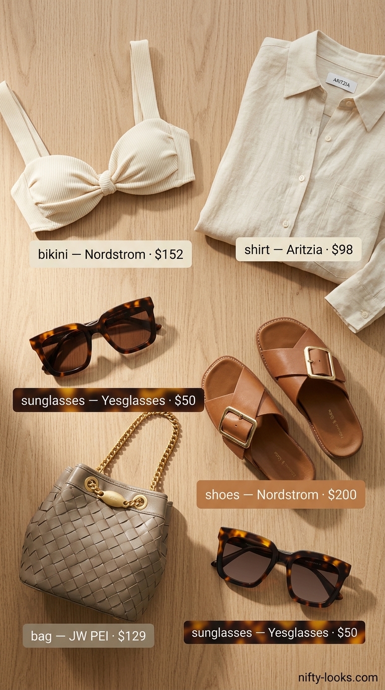 Minimalist cream bikini with oversized linen shirt and leather slides for a summer bikini outfit for women 2026.