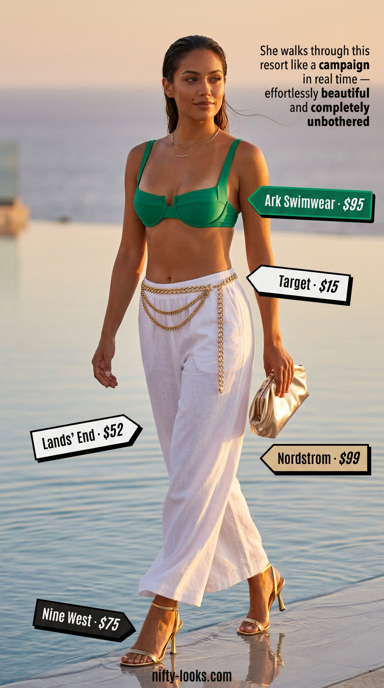 Elegant emerald green bikini with white linen pants and gold sandals for a summer bikini outfit for women 2026.
