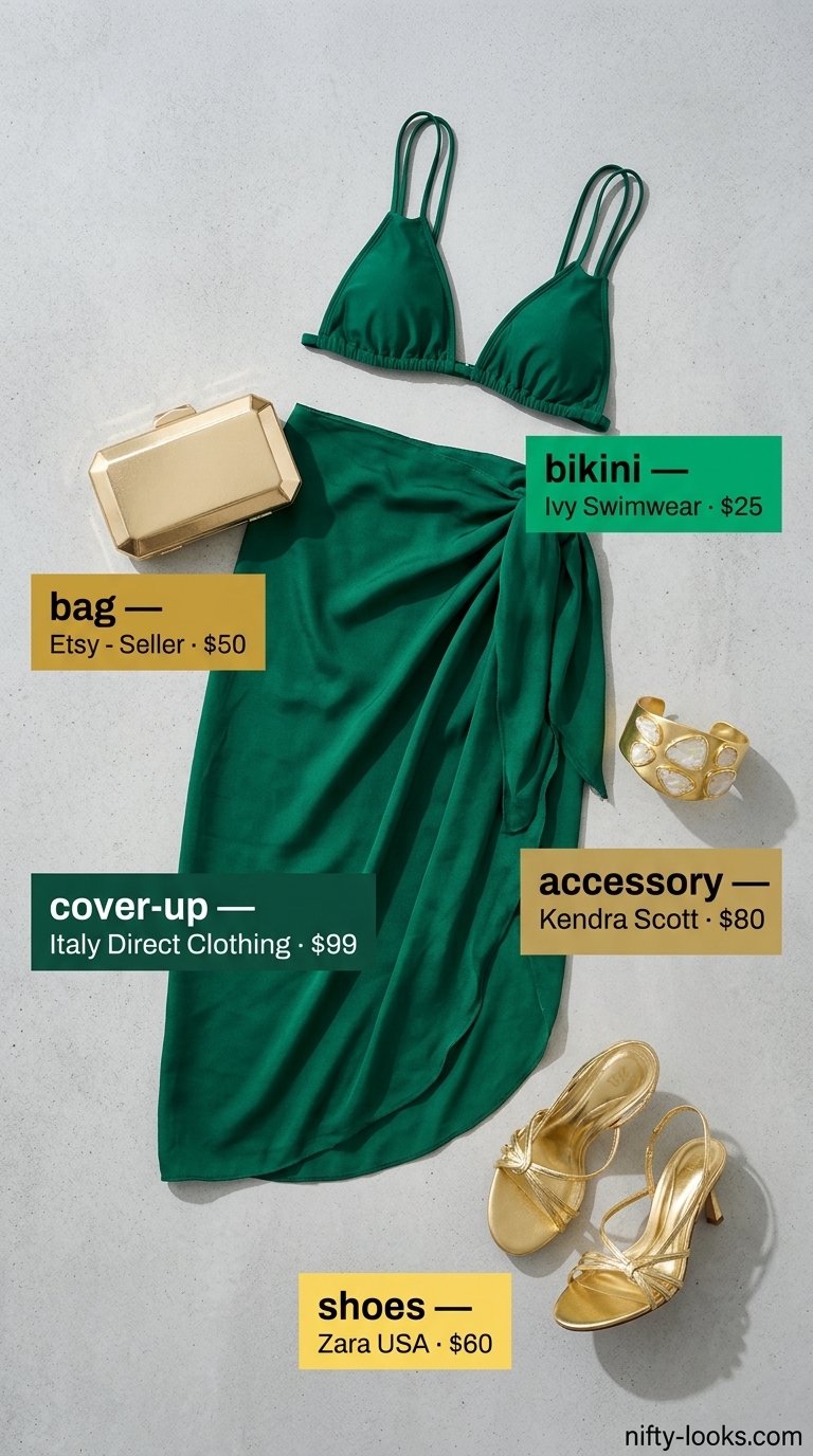 Luxurious deep emerald green silk bikini with matching sarong and gold accessories for a summer bikini outfit for women 2026.