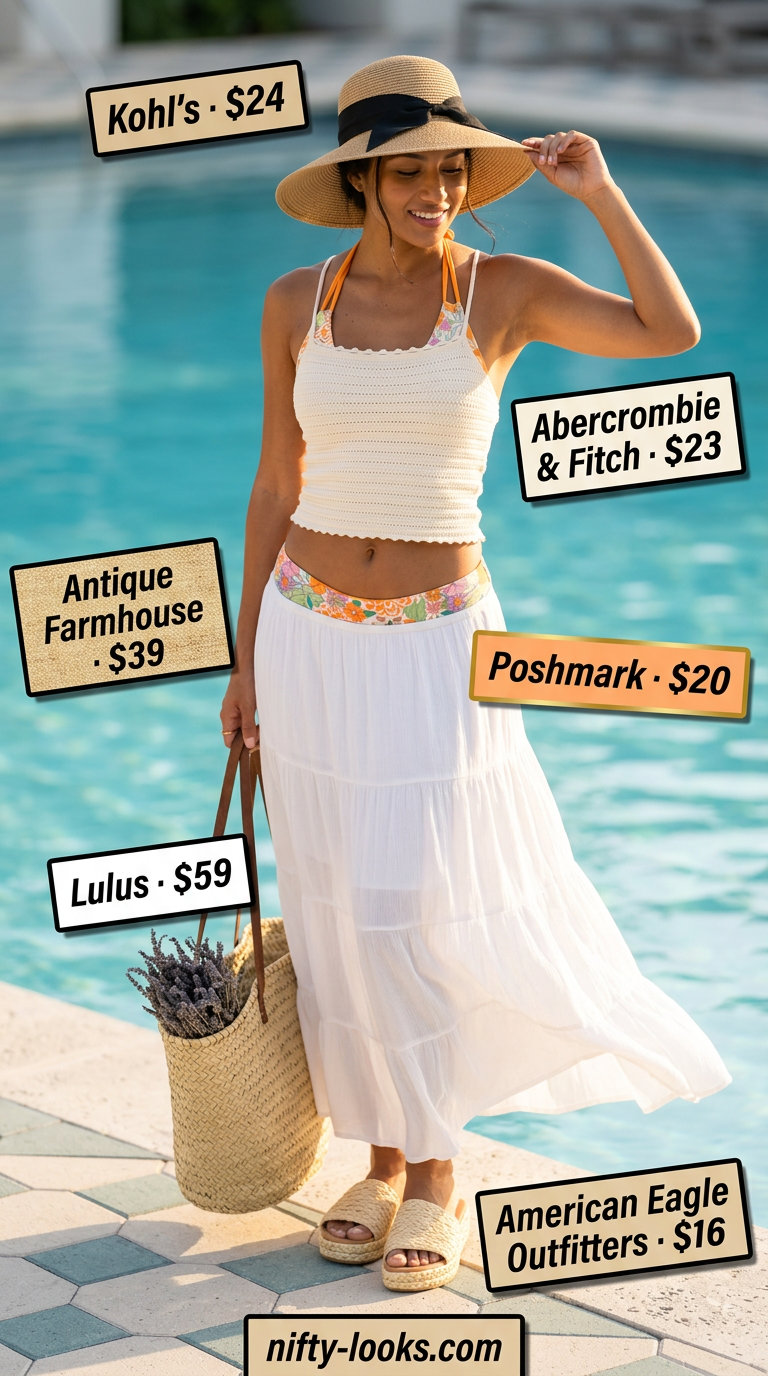 Bohemian floral bikini with white tiered skirt and straw hat for a summer bikini outfit for women 2026.