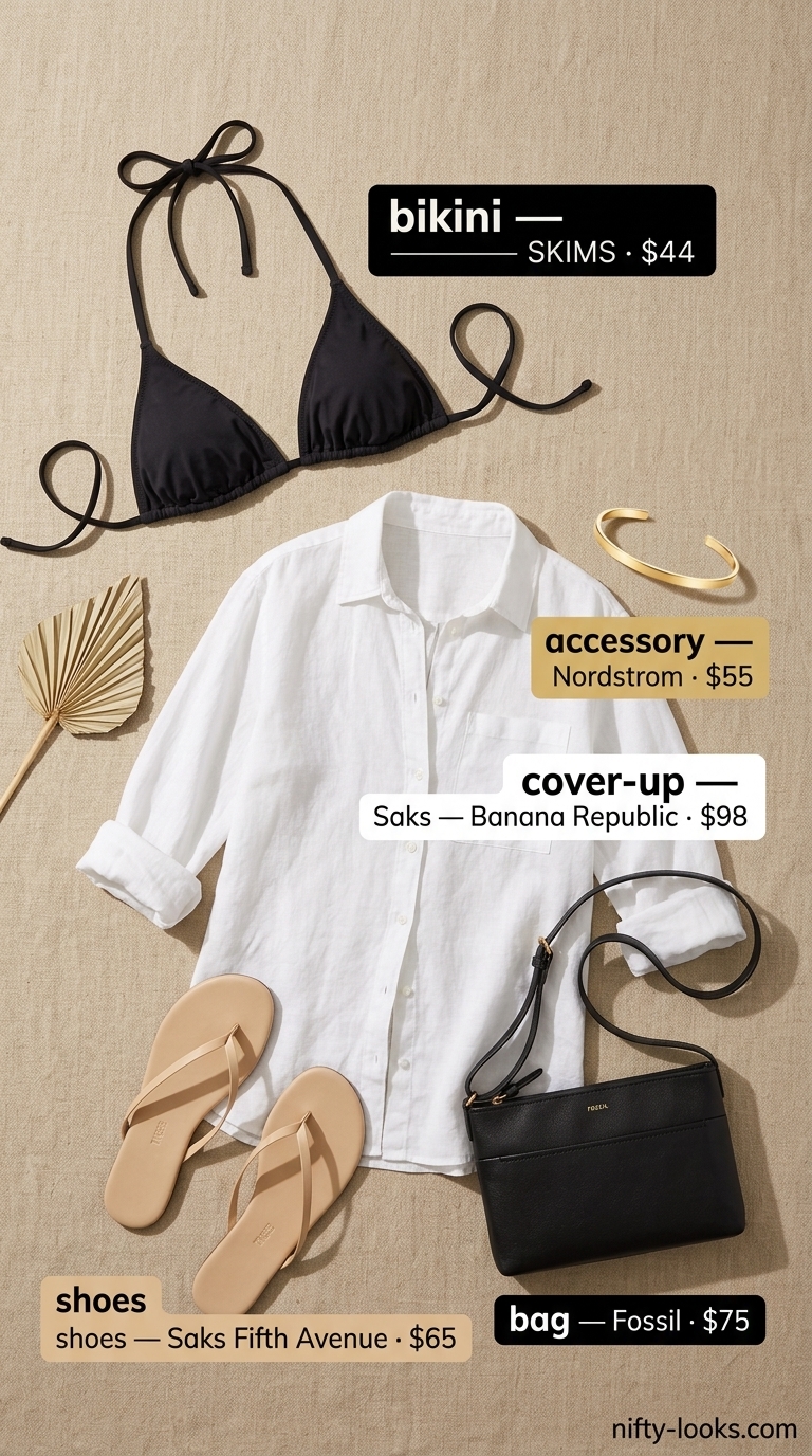 Minimalist beach escape summer bikini outfit for women 2026 with black bikini, linen shirt, and leather crossbody.