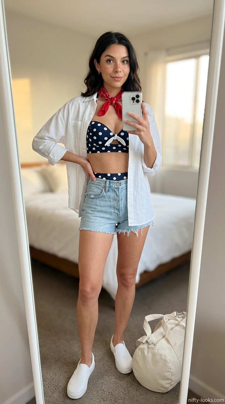 Retro navy polka dot bikini with distressed denim shorts and linen shirt for a summer bikini outfit for women 2026.