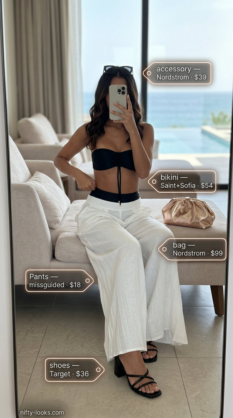 Glamorous black bikini with red palazzo pants and gold clutch for a summer bikini outfit for women 2026.