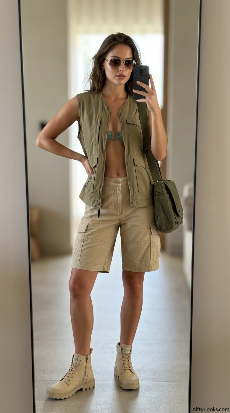 Safari adventure summer bikini outfit for women 2026 with khaki bikini, cargo shorts, and combat boots.