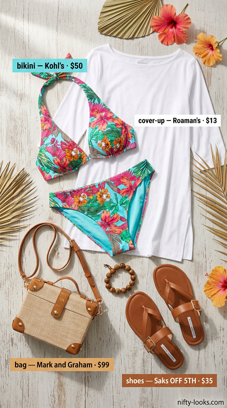 Tropical fiesta summer bikini outfit for women 2026 with multi-color print bikini, raffia bag, and cotton tunic.