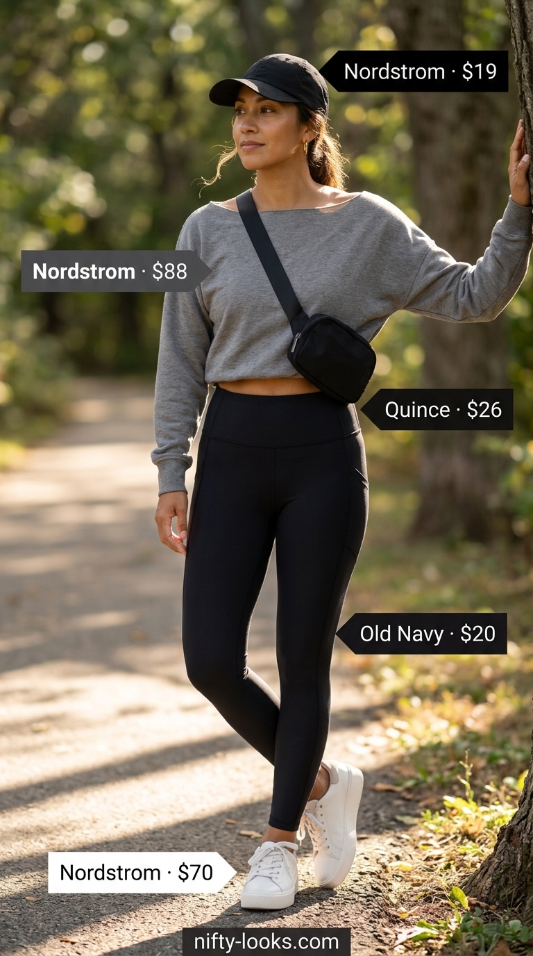 Comfortable summer boat neck outfits for women 2026: Grey sweatshirt, black leggings, sneakers for athleisure.
