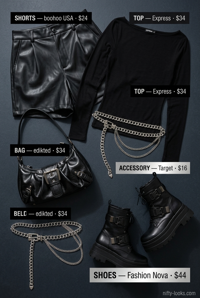 Black boat neck top with faux leather shorts for edgy summer Boat Neck outfits for women 2026.