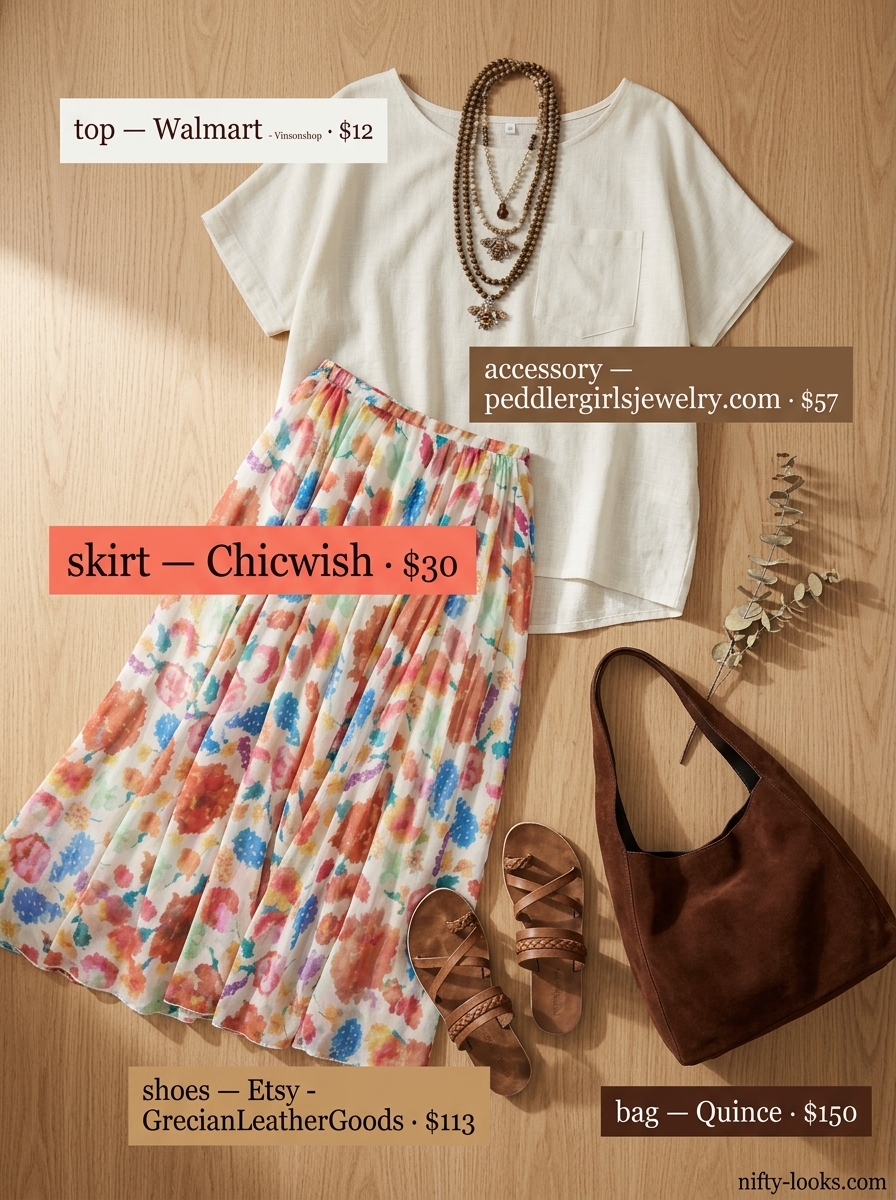 Boho off-white boat neck top outfit for women 2026: floral maxi skirt, suede bag, festival style.