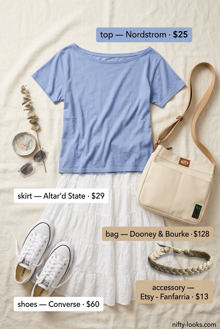 Casual summer boat neck outfit for women 2026: light blue tee, white midi skirt, tan bag & sneakers.