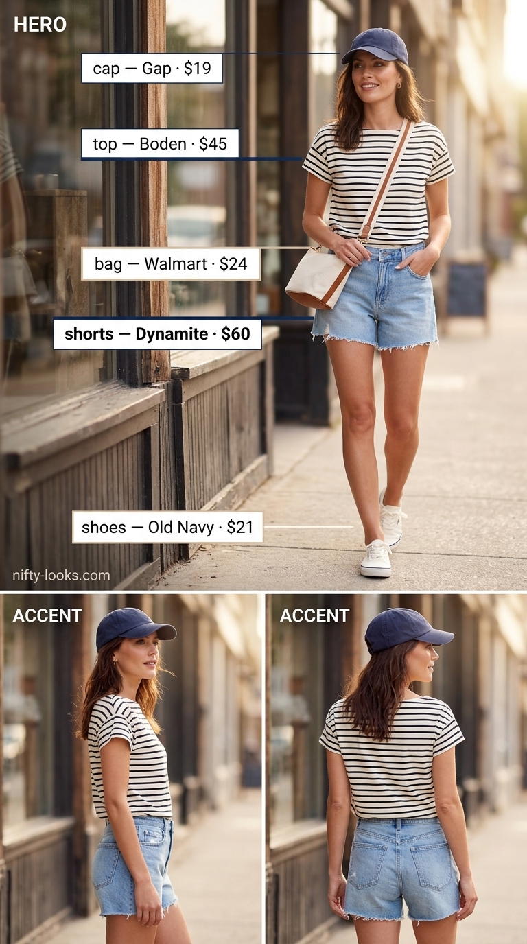 Casual summer boat neck outfits for women 2026: Navy stripe tee, denim shorts, white sneakers, and crossbody bag for weekend.