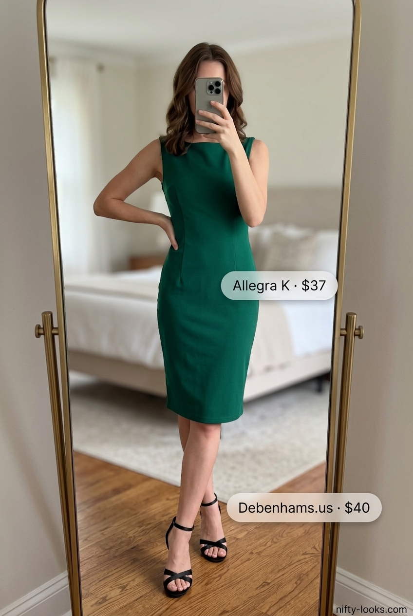 Chic emerald green boat neck dress outfit for women 2026: evening event, cocktail party, dinner date.