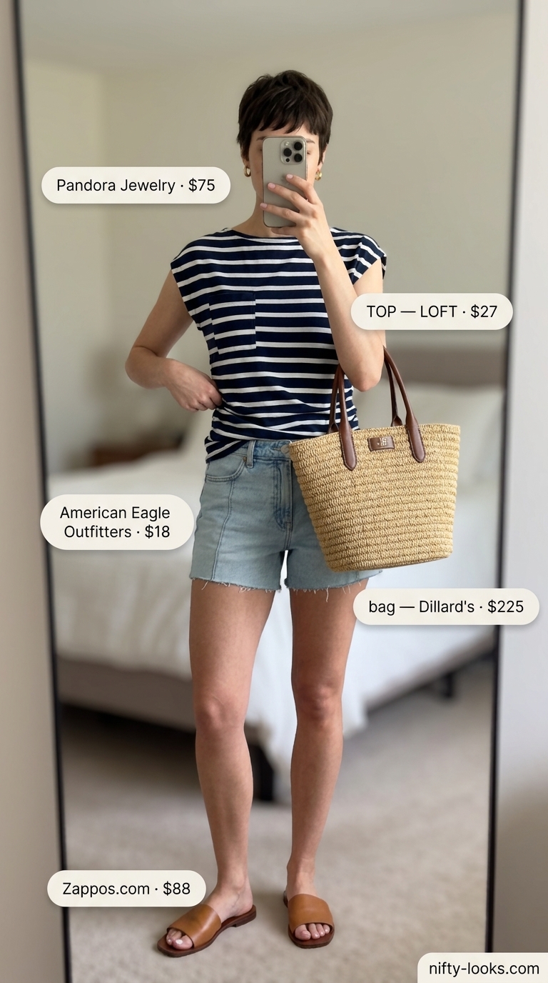 Coastal navy and white striped boat neck top outfit for women 2026: denim shorts, straw tote.