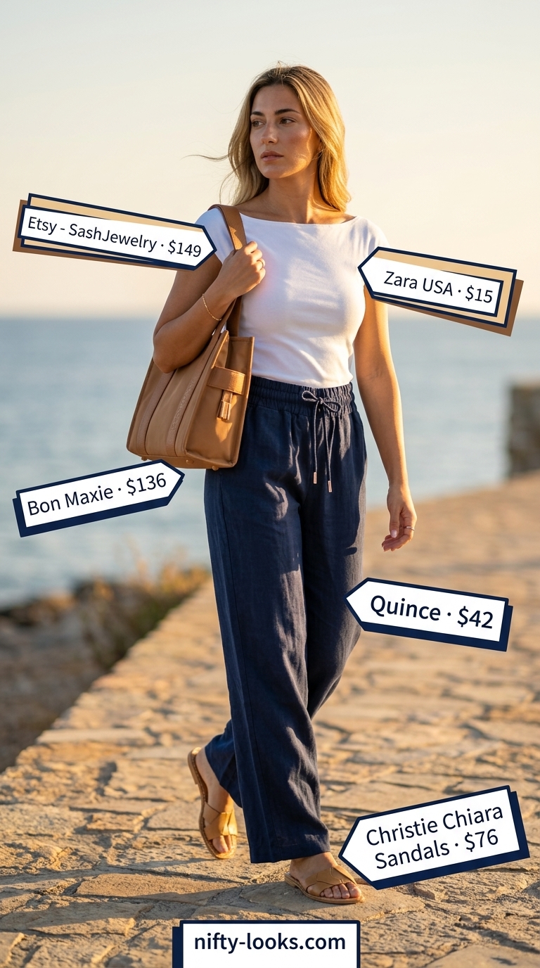 Coastal summer boat neck outfits for women 2026: White top, navy linen pants, sandals for seaside.