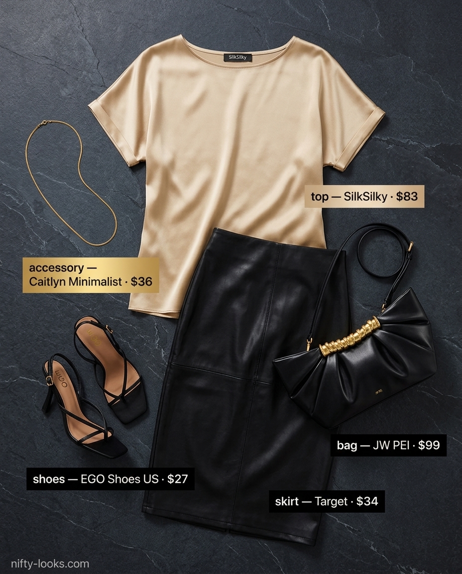 Romantic summer boat neck outfits for women 2026: Champagne top, faux leather skirt, heels for date night.