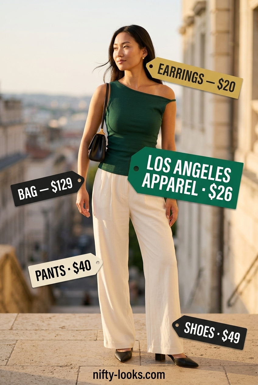 Emerald green boat neck top with cream wide-leg trousers for summer Boat Neck outfits for women 2026.