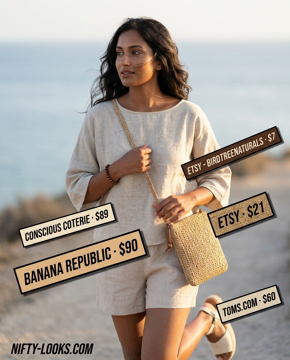 Relaxed summer boat neck outfits for women 2026: Beige linen top, matching shorts, espadrilles for vacation.