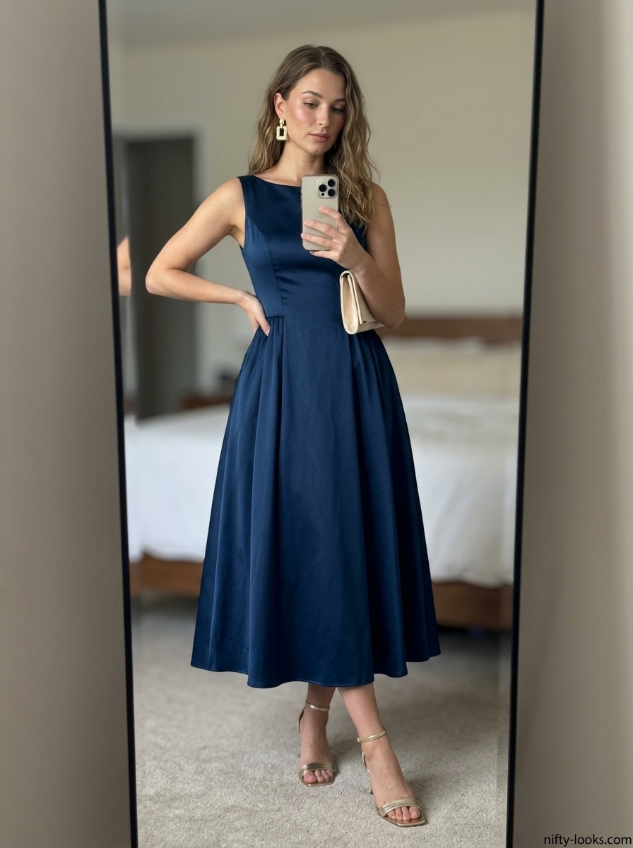 Navy blue sleeveless boat neck midi dress with gold sandals for summer Boat Neck outfits for women 2026.