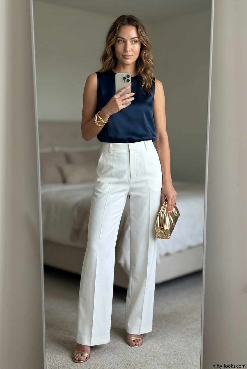 Navy blue satin boat neck top with white wide-leg pants for summer Boat Neck outfits for women 2026.