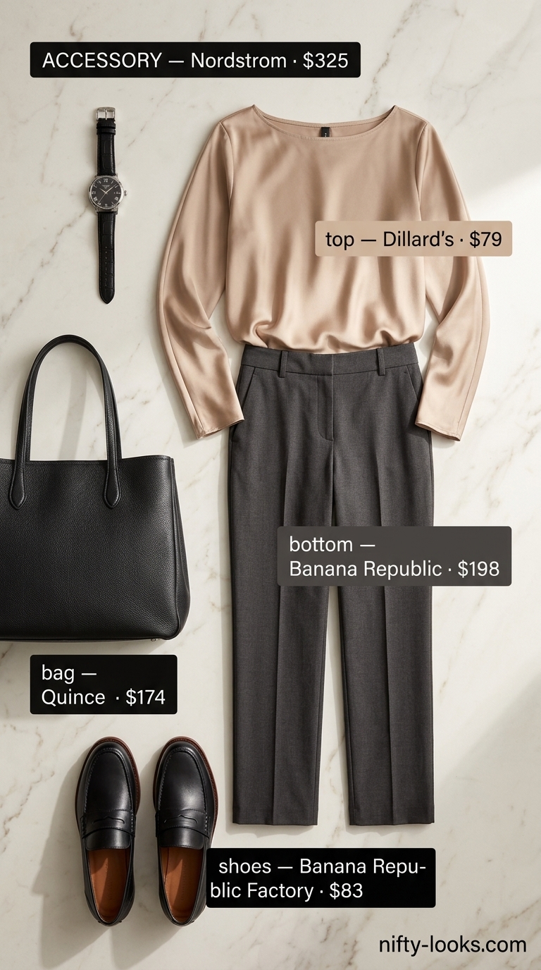 Modern summer boat neck outfits for women 2026: Cream blouse, charcoal trousers, loafers for office.