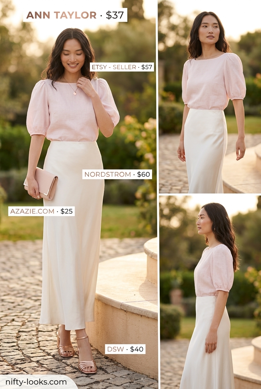 Romantic blush pink boat neck blouse outfit for women 2026: date night, special occasion, ivory skirt.