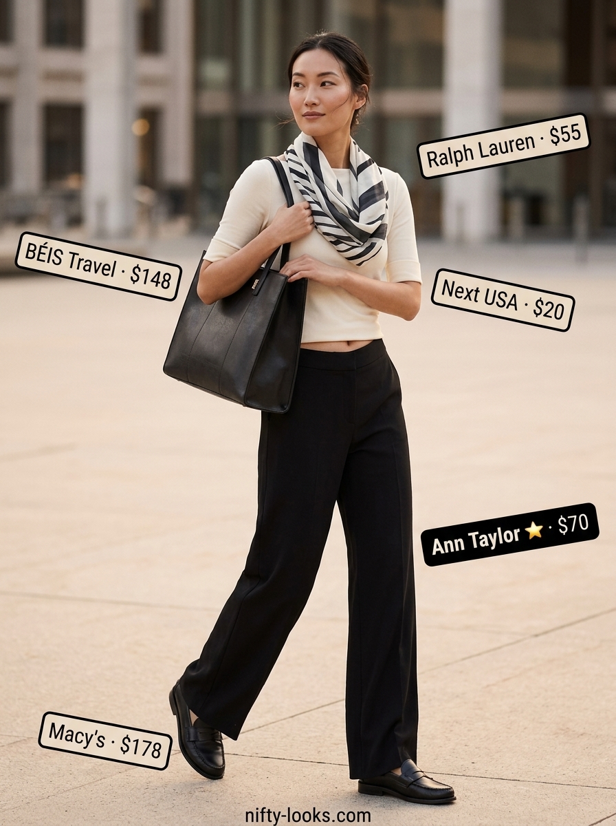 Polished summer boat neck outfits for women 2026: Cream knit top, black wide-leg pants, loafers for travel.