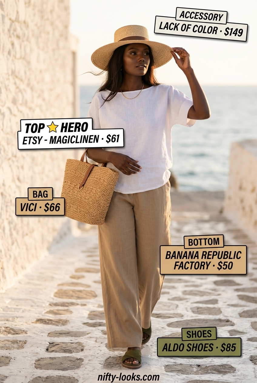 Relaxed summer boat neck outfits for women 2026: White top, linen pants, straw hat for vacation.